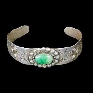 Vintage Sterling Silver Fred Harvey Era Green Turquoise Cuff Bracelet 12.7 grams